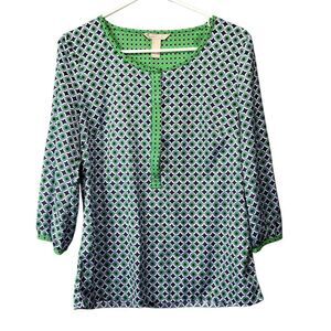 Banana Republic Geometric Circle Print‎ Blouse, Green Navy, Size Small